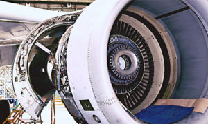 jet engine open to show internal mechanisms
